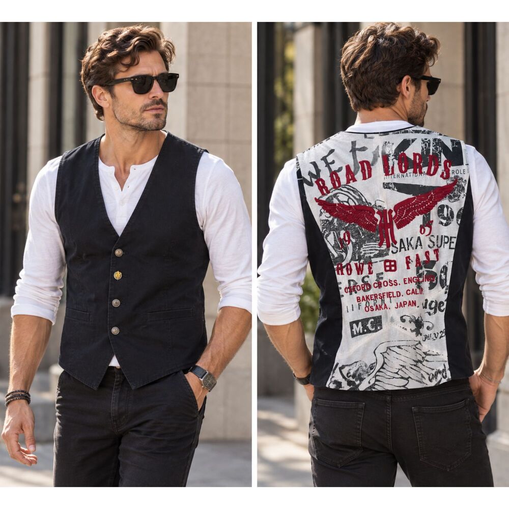 Howe Road Lords Wings & Words Men’s Black Moto Vest – Graphic Design – Size M